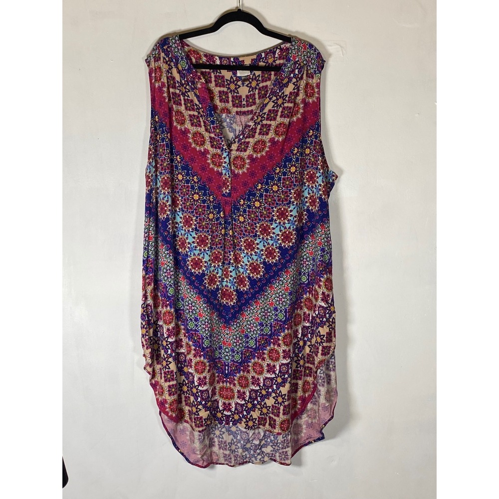 Cupio Curvy 3X Boho Mandala Print Handkerchief Hem Tunic Dress Sleeveless